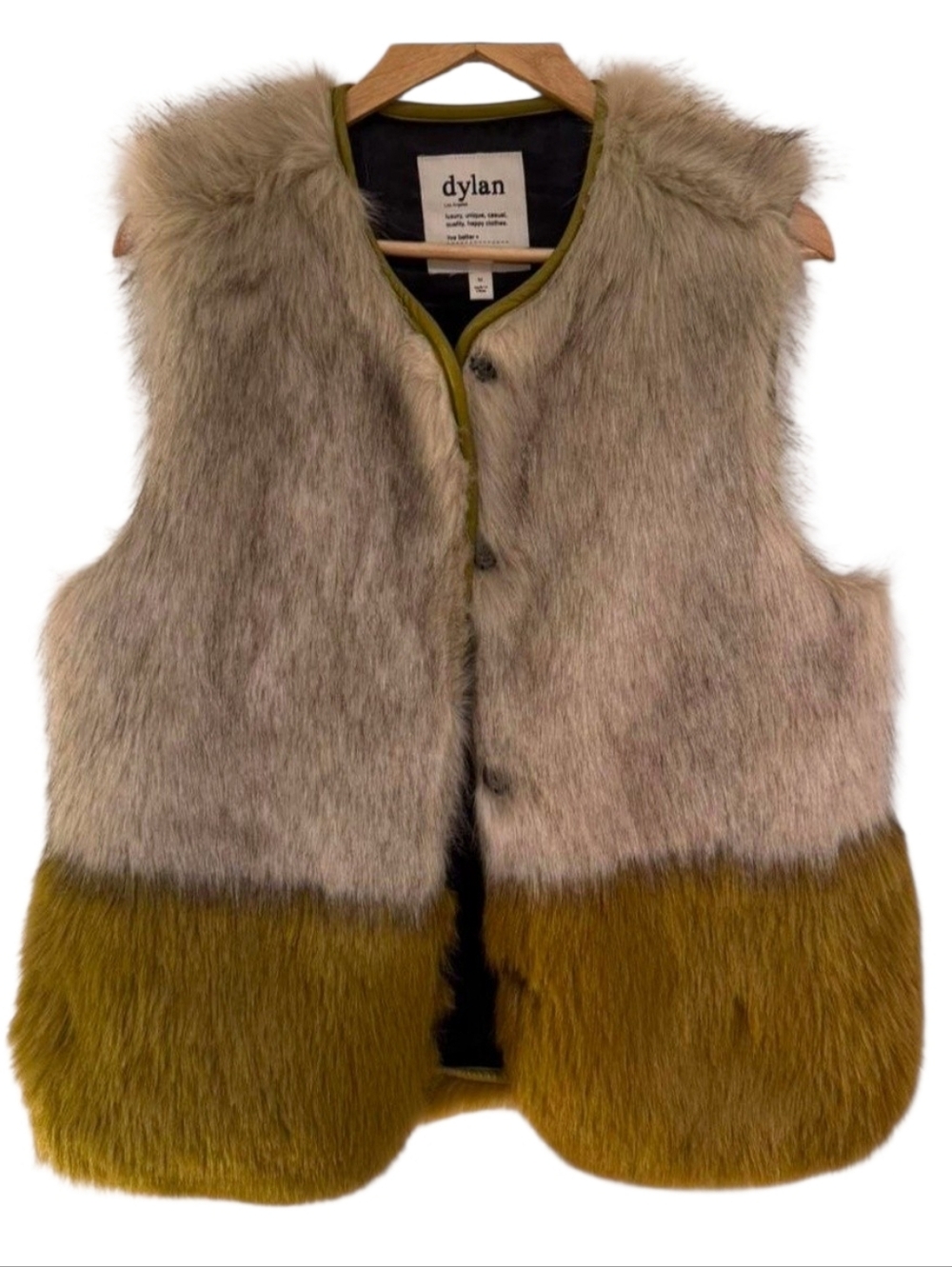 Dylan Two-Tone Faux Fur Vest in Taupe and Mustard Sz.M